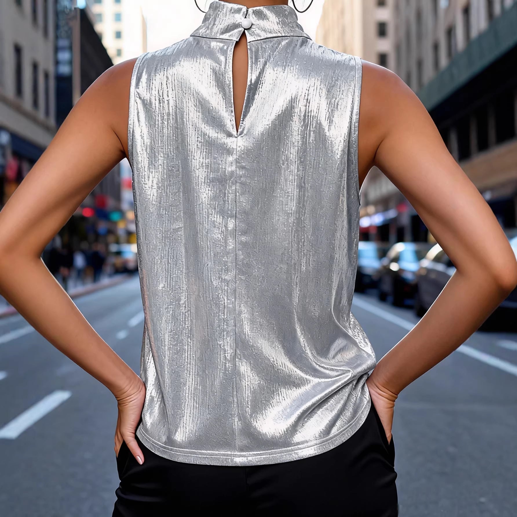 2025 Sleeveless Solid Color Mock Neck Tank Top T-Shirt