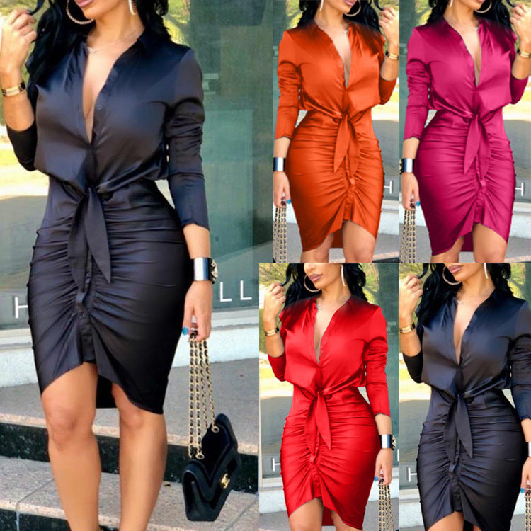 Abito Midi Elegante con Allacciatura e Maniche Lunghe – Vestito Chemisier da Festa