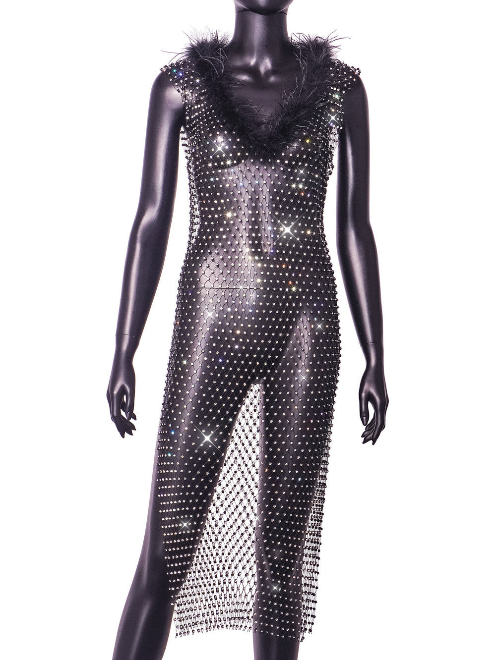 Vestito a Rete con Strass e Colletto in Pelliccia – Donna