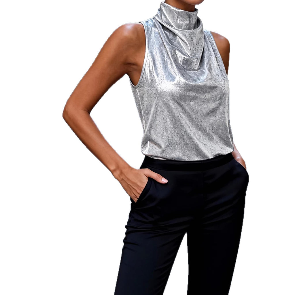 2025 Sleeveless Solid Color Mock Neck Tank Top T-Shirt