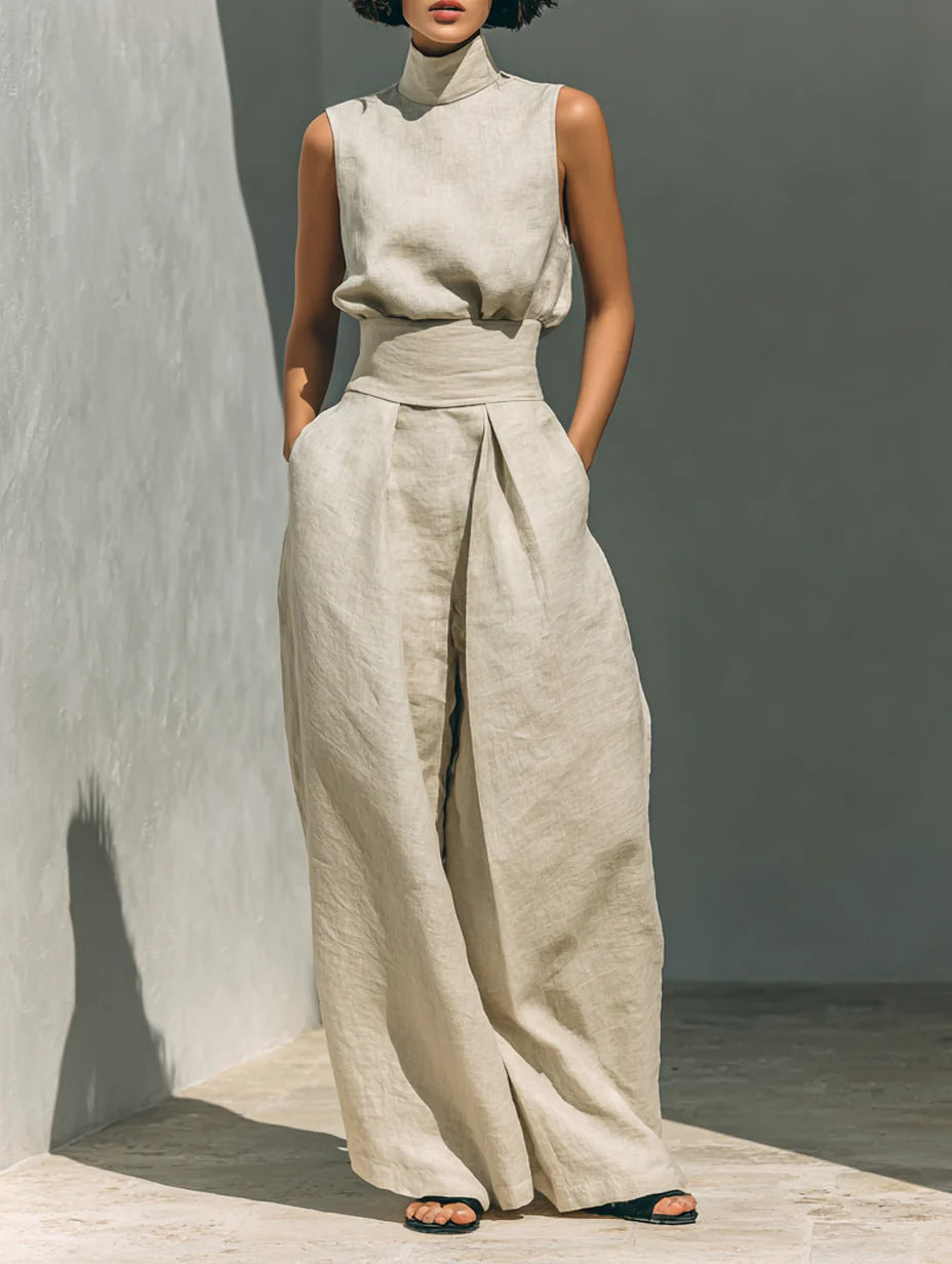 Completo Estivo da Donna – Top Senza Maniche con Colletto alla Coreana e Pantaloni Dritti