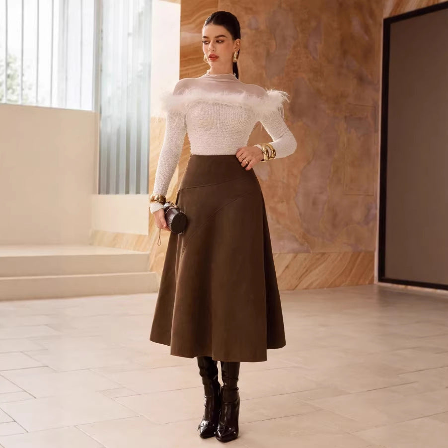 Fashionable Solid-Color Faux Suede Elegant Skirt
