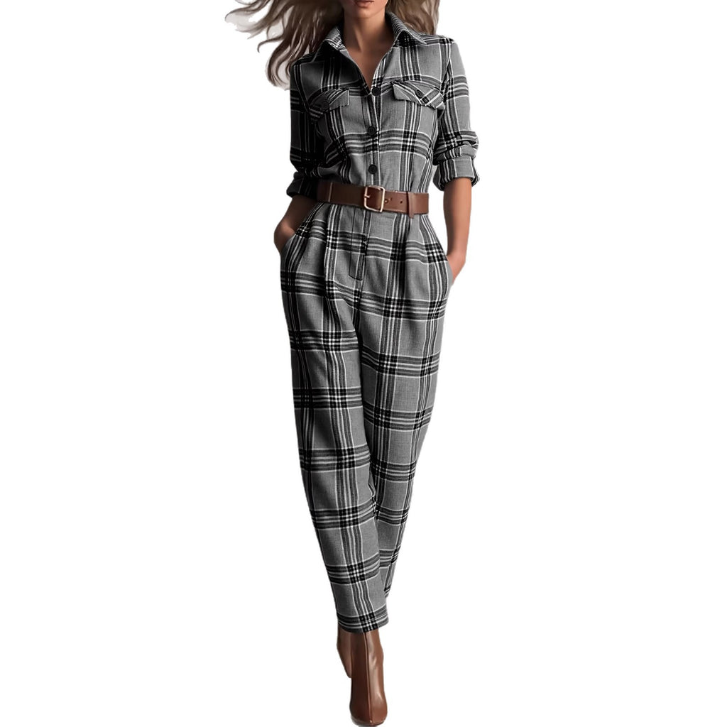 Tuta Scozzese Retro da Donna a Vita Alta e Tasche