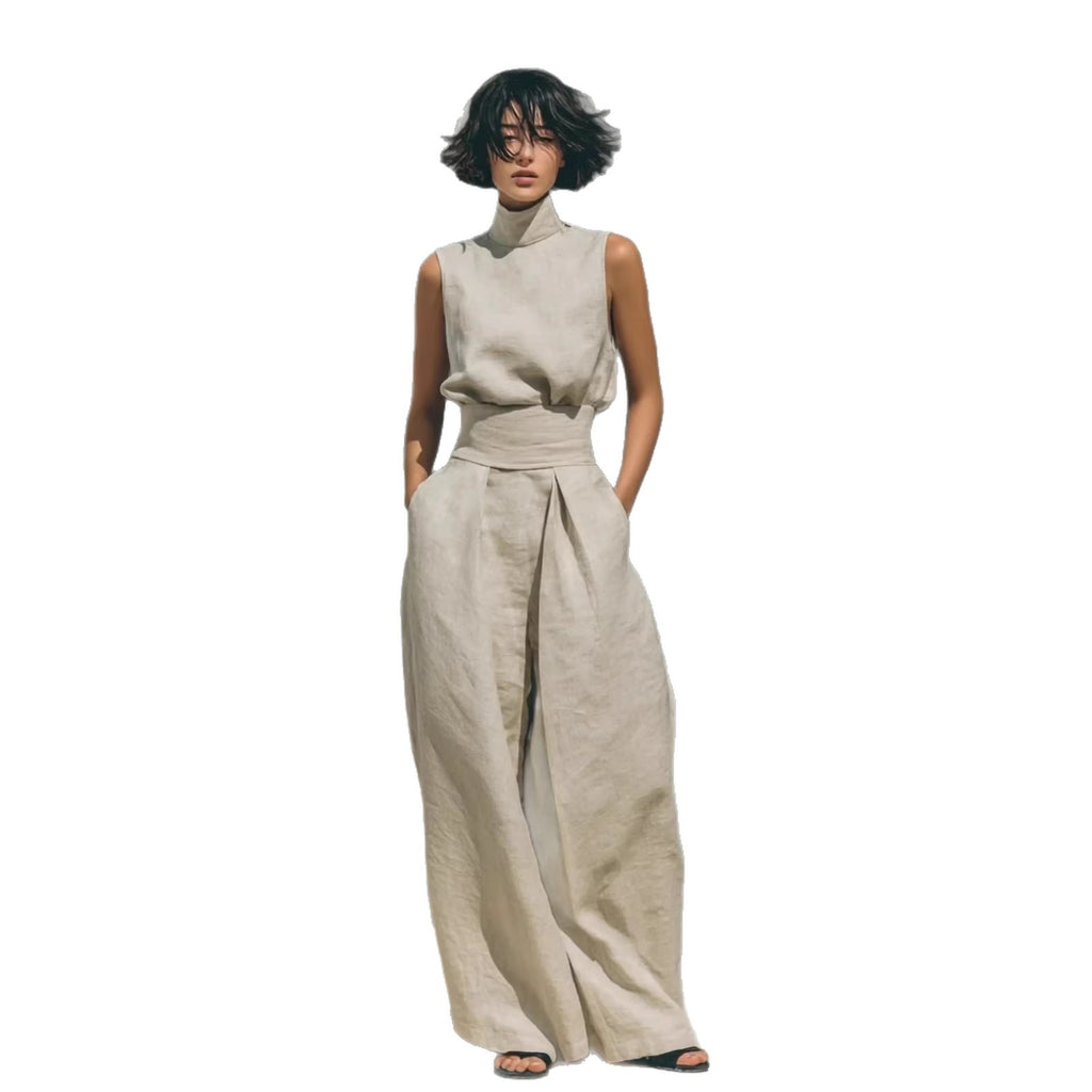 Completo Estivo da Donna – Top Senza Maniche con Colletto alla Coreana e Pantaloni Dritti