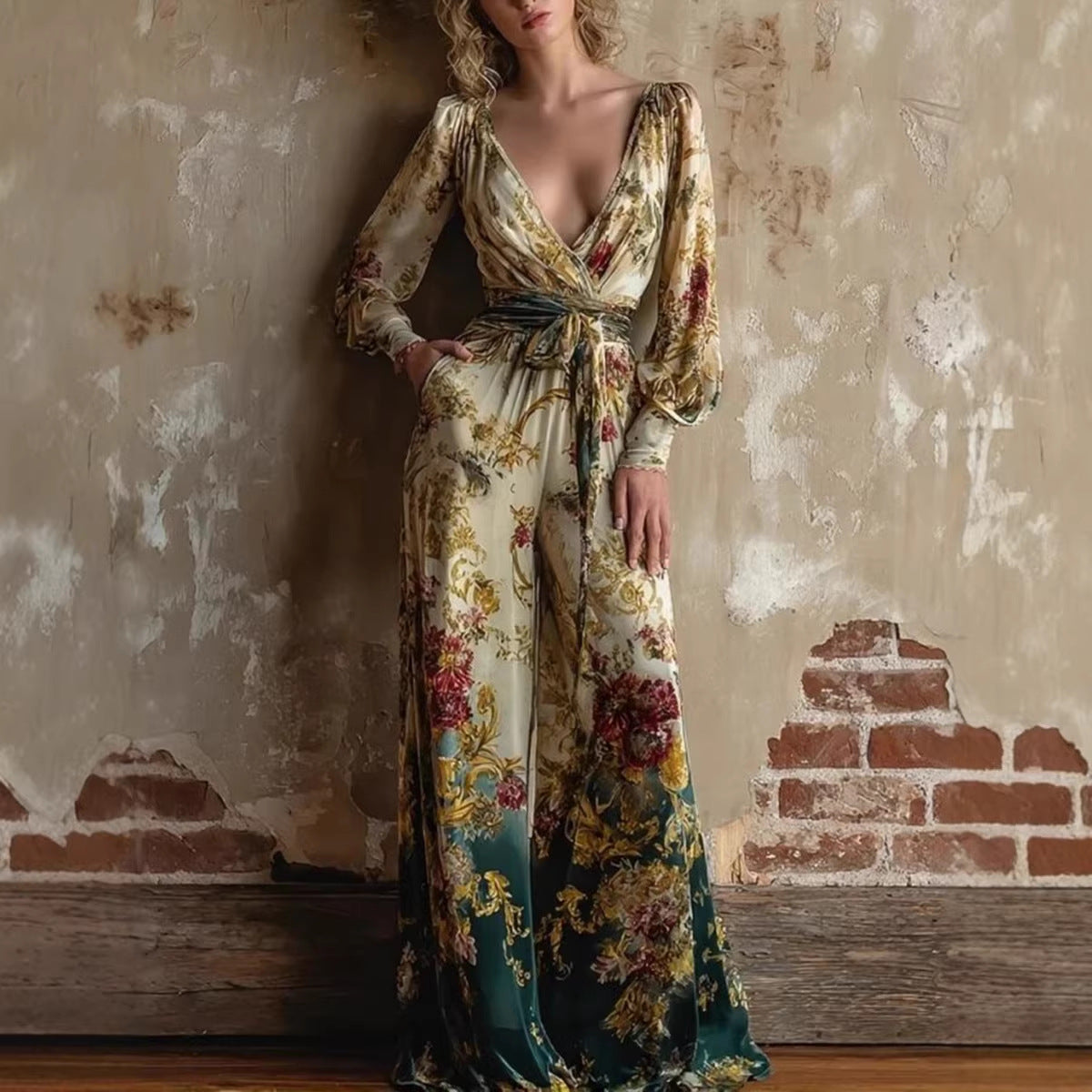 Sexy Deep V-Neck Lantern Sleeve Retro Print Lace-Up Wide-Leg Jumpsuit