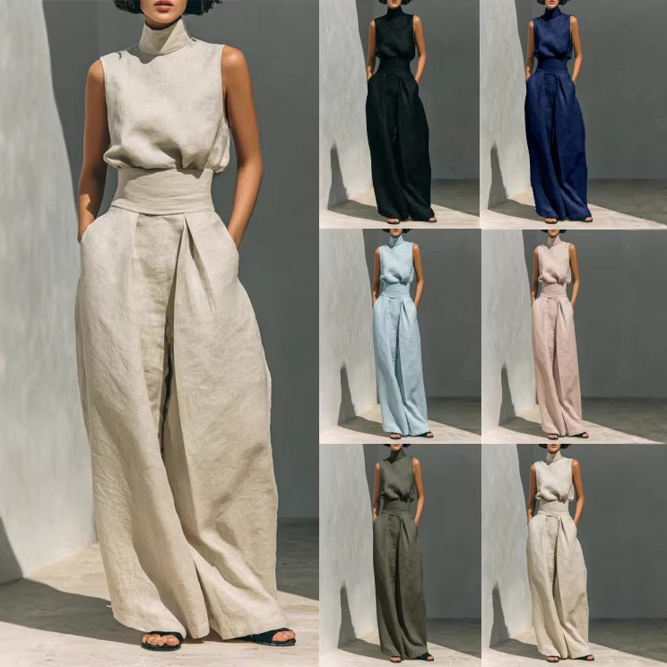Completo Estivo da Donna – Top Senza Maniche con Colletto alla Coreana e Pantaloni Dritti