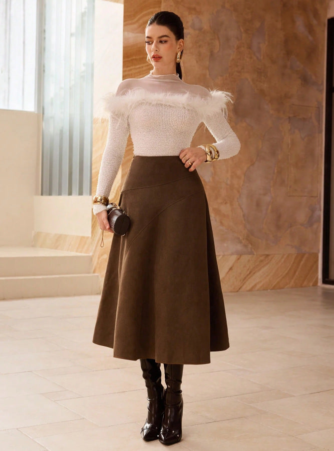 Fashionable Solid-Color Faux Suede Elegant Skirt