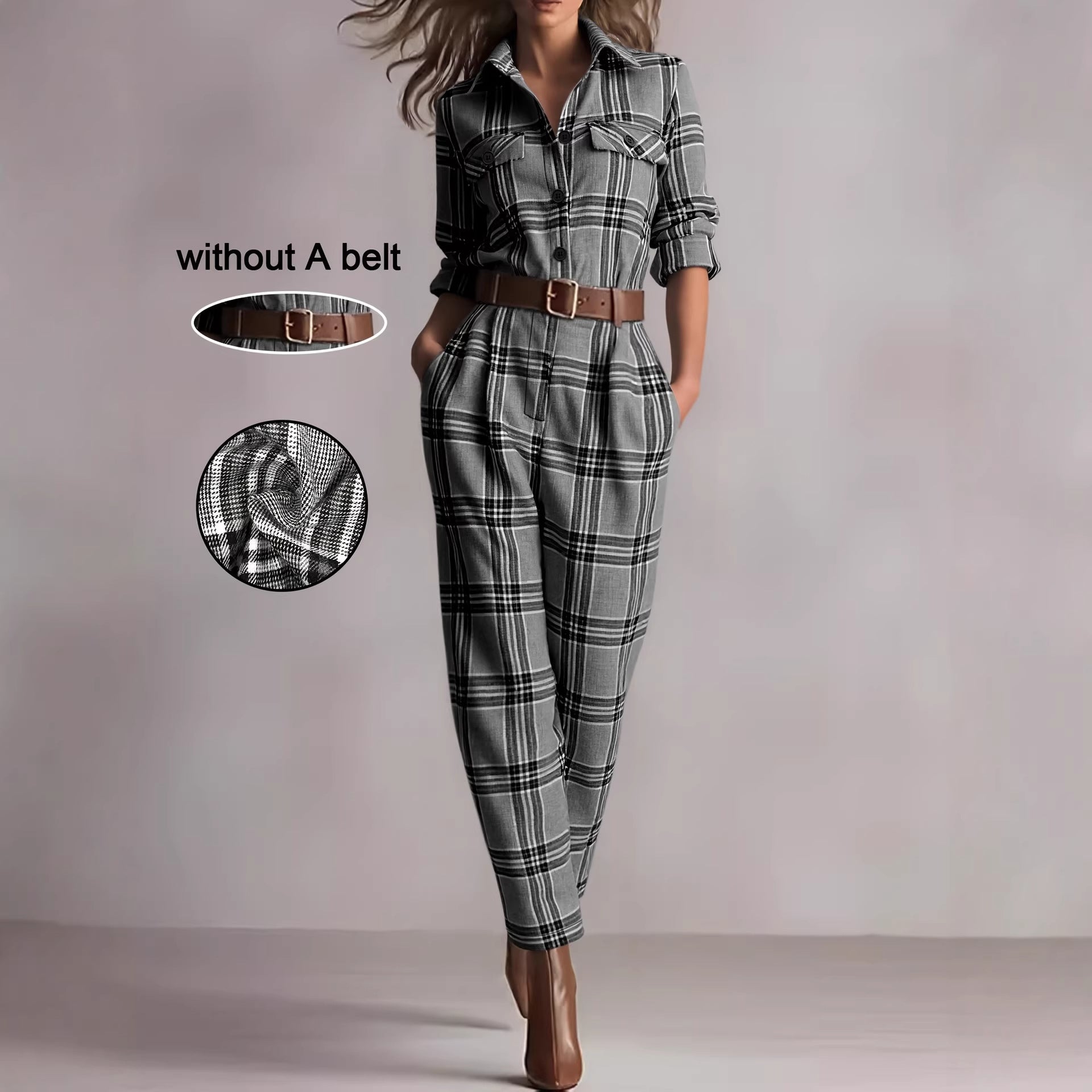 Tuta Scozzese Retro da Donna a Vita Alta e Tasche