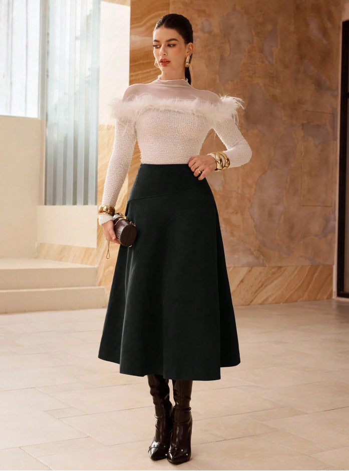 Fashionable Solid-Color Faux Suede Elegant Skirt