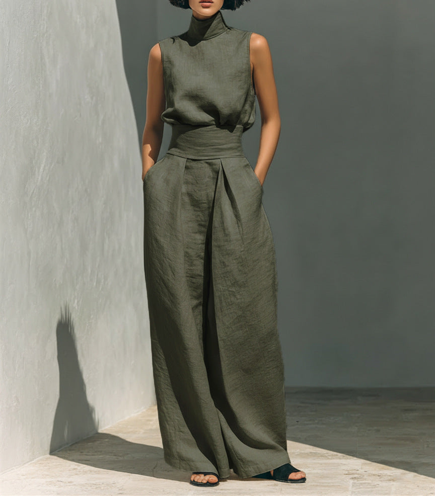 Completo Estivo da Donna – Top Senza Maniche con Colletto alla Coreana e Pantaloni Dritti