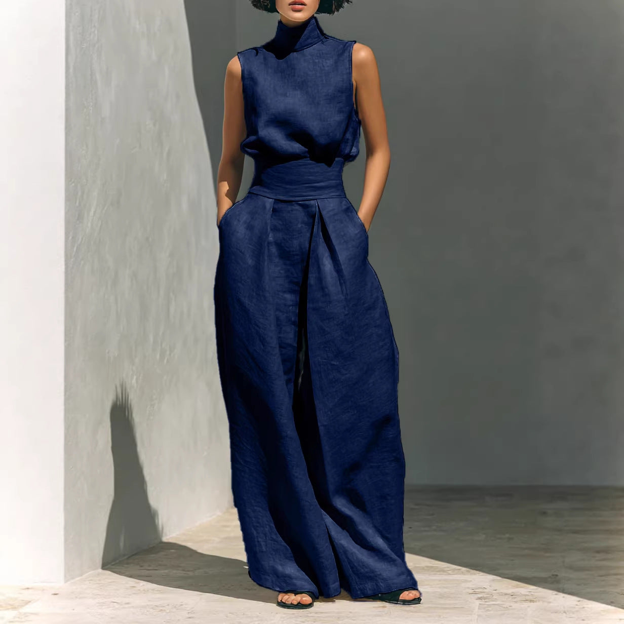 Completo Estivo da Donna – Top Senza Maniche con Colletto alla Coreana e Pantaloni Dritti