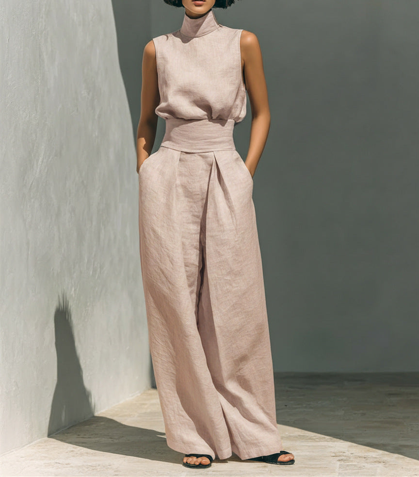 Completo Estivo da Donna – Top Senza Maniche con Colletto alla Coreana e Pantaloni Dritti