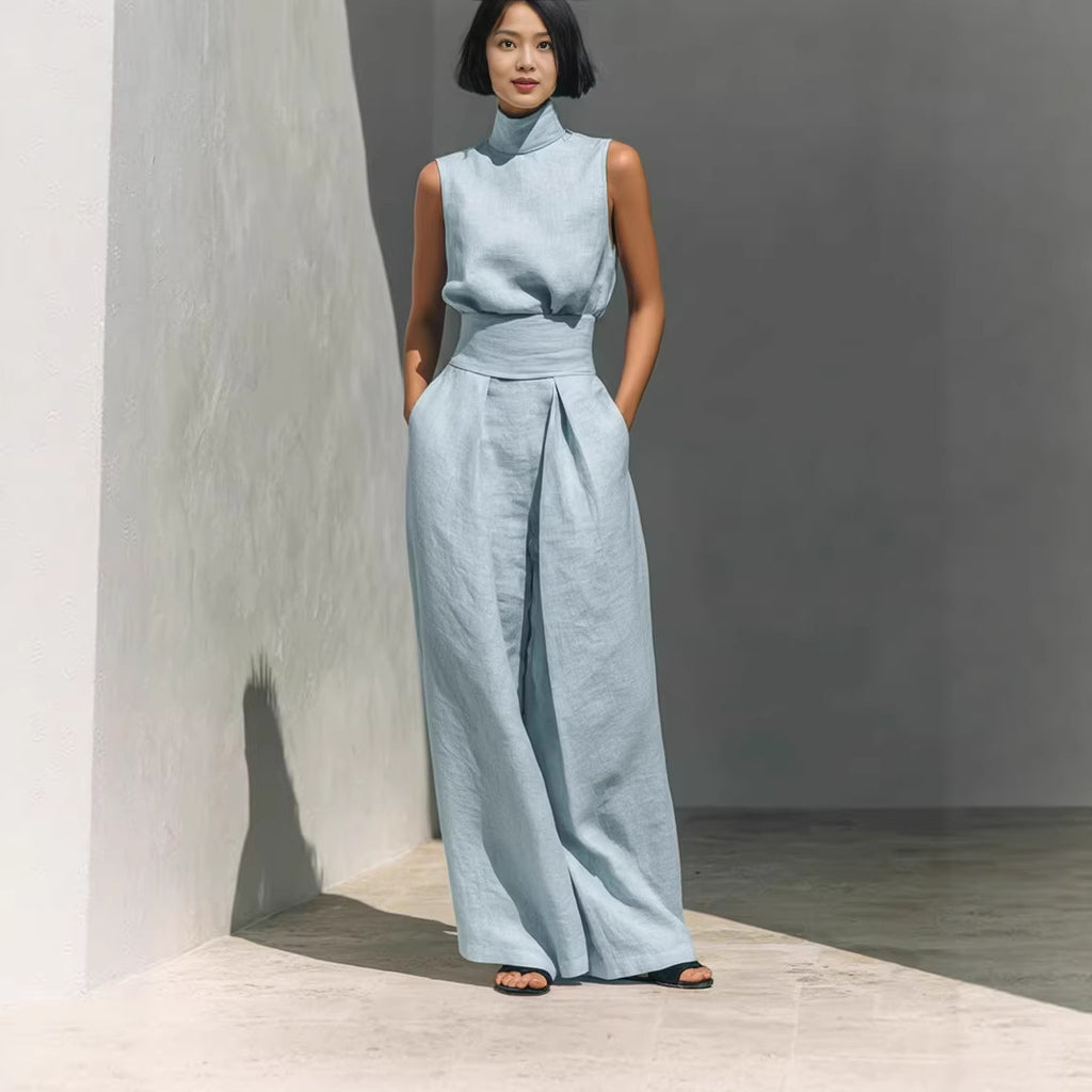 Completo Estivo da Donna – Top Senza Maniche con Colletto alla Coreana e Pantaloni Dritti