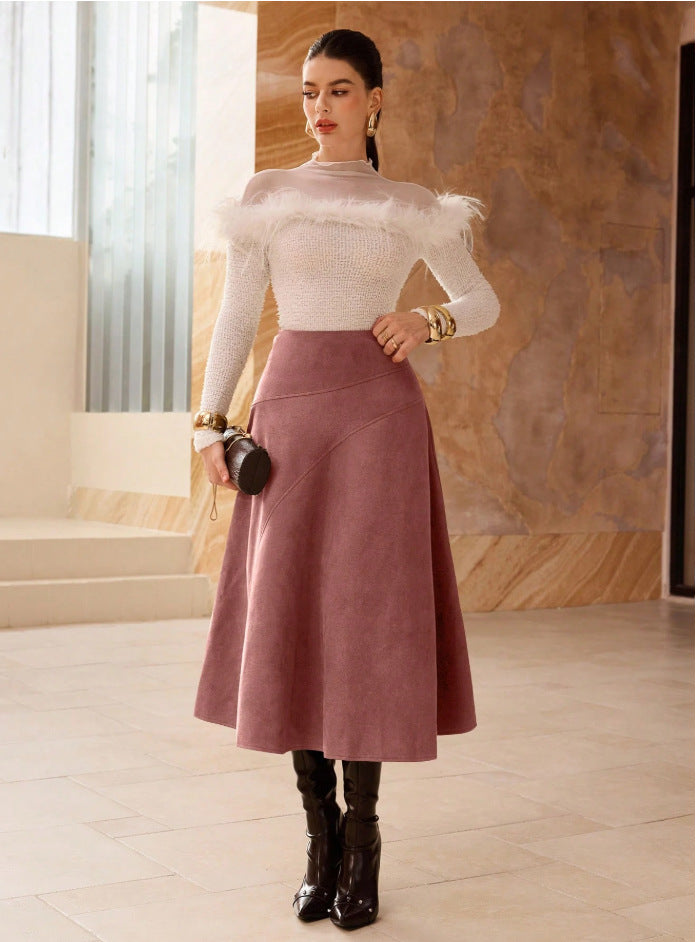 Fashionable Solid-Color Faux Suede Elegant Skirt
