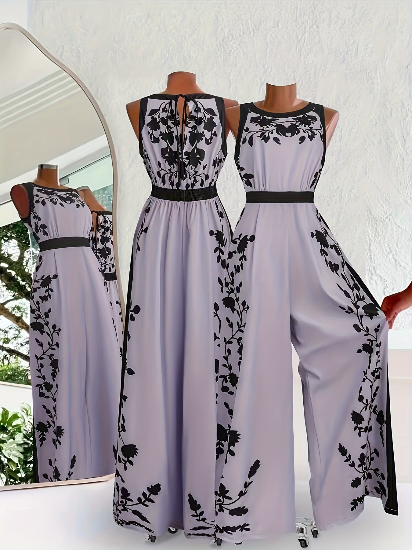 Elegante Tuta Casual da Donna a Fantasia Senza Maniche con Schiena Aperta