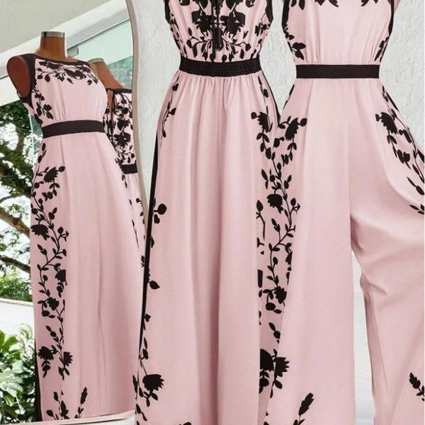 Elegante Tuta Casual da Donna a Fantasia Senza Maniche con Schiena Aperta